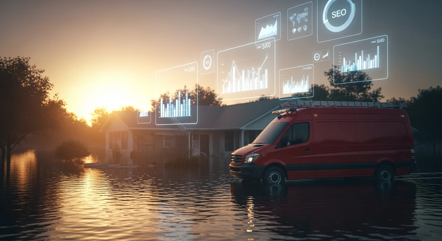 911 Restoration SEO analysis showing organic search decline data overlaid on emergency restoration scene