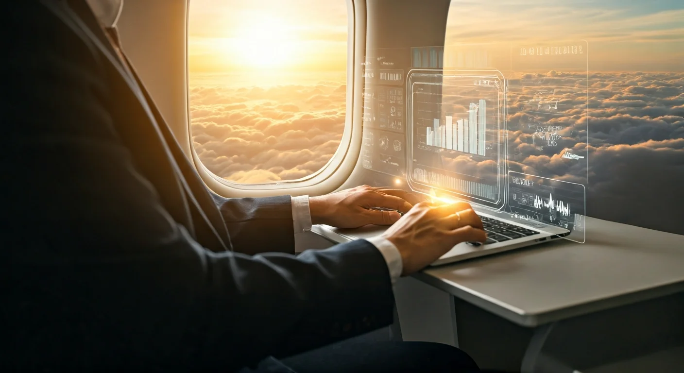 Professional working productively on laptop during airplane flight with offline AI tools and holographic interfaces