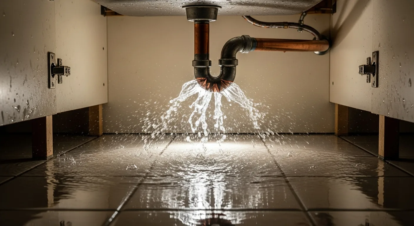 Burst pipe causing active water damage in kitchen with water spraying from cracked pipe