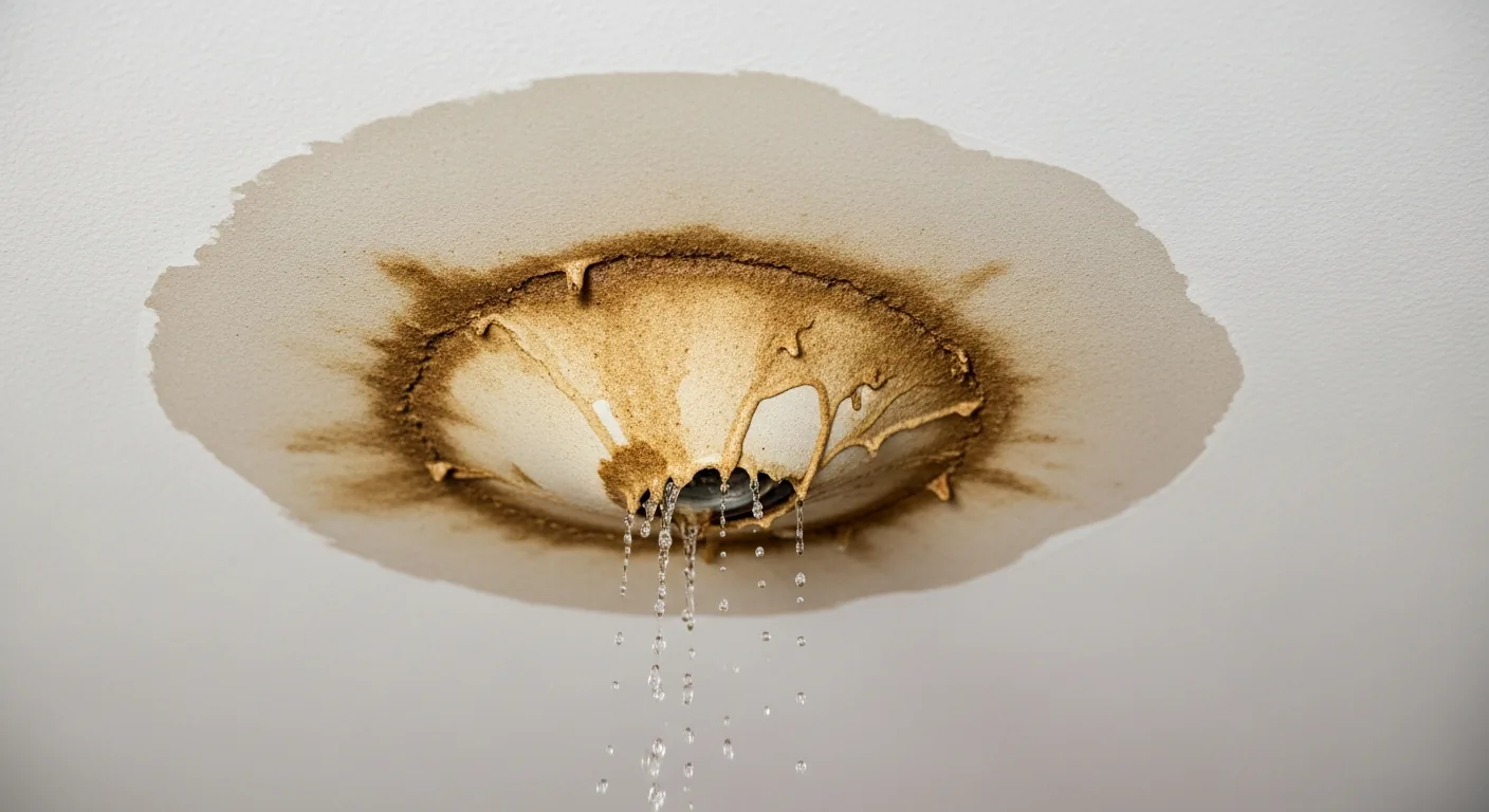 Water-damaged ceiling with large brown stain and sagging drywall ready to collapse