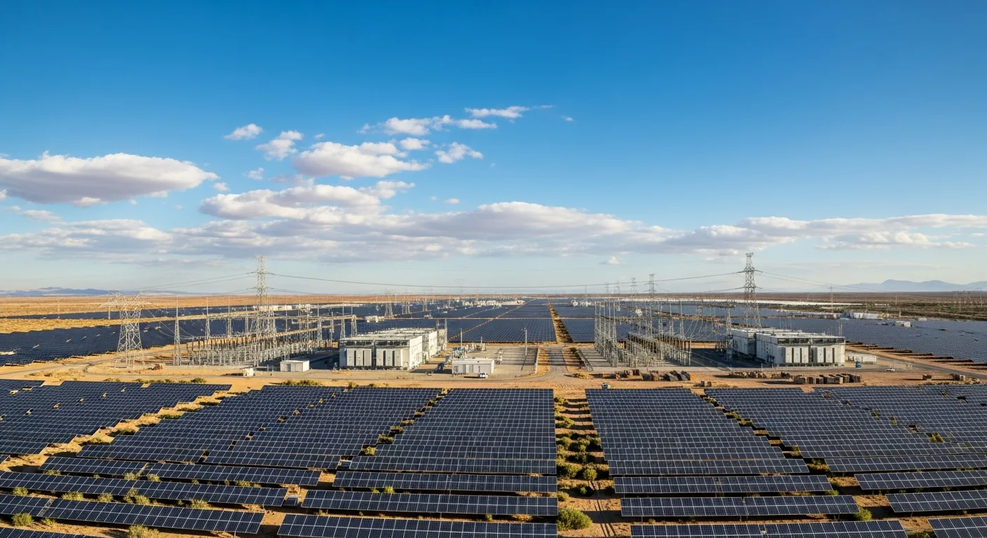 Massive commercial solar farm with thousands of ground-mounted panels stretching across desert landscape