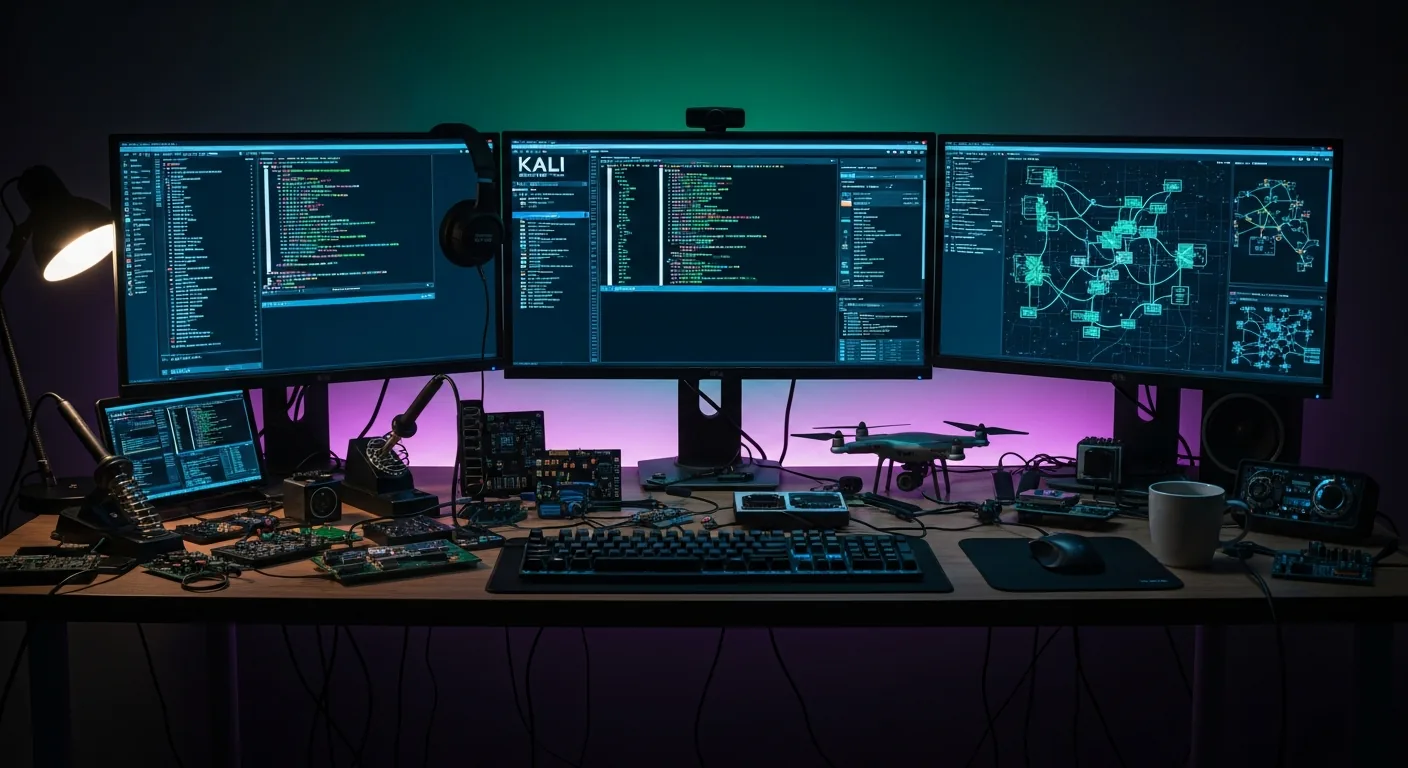 Ethical hacker workstation with dual monitors running Kali Linux and network scanning tools