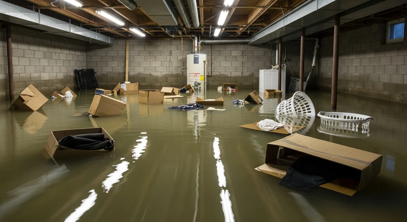 Flooded residential basement with standing water and damaged belongings
