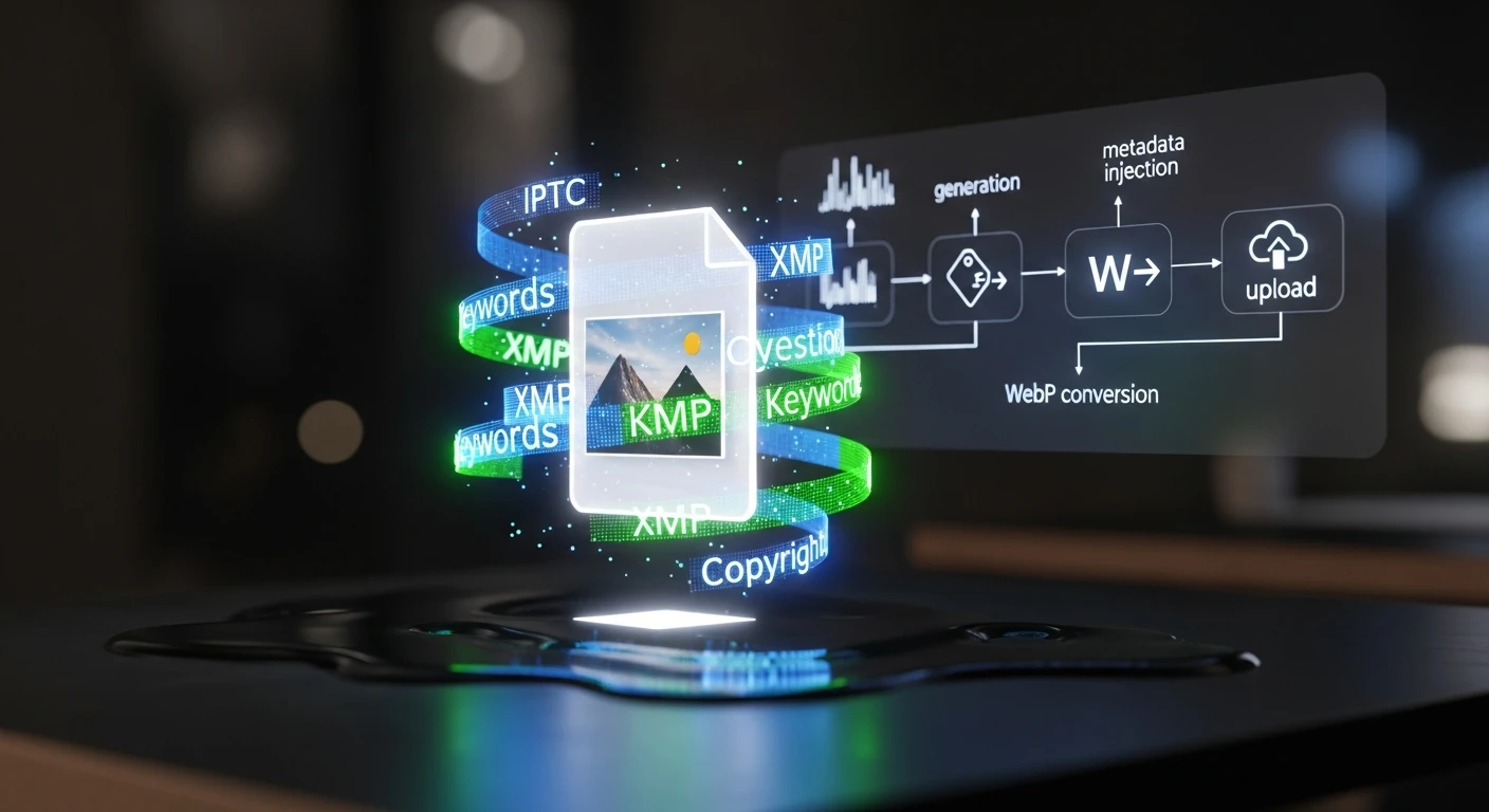 Automated image pipeline with IPTC XMP metadata injection flowing into a digital image - Vertex AI Imagen to WordPress automation