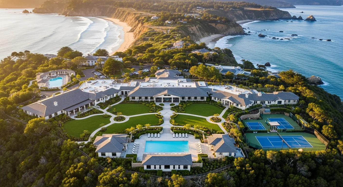Aerial view of luxury rehab campus on hillside with pool, tennis court, and coastal landscape