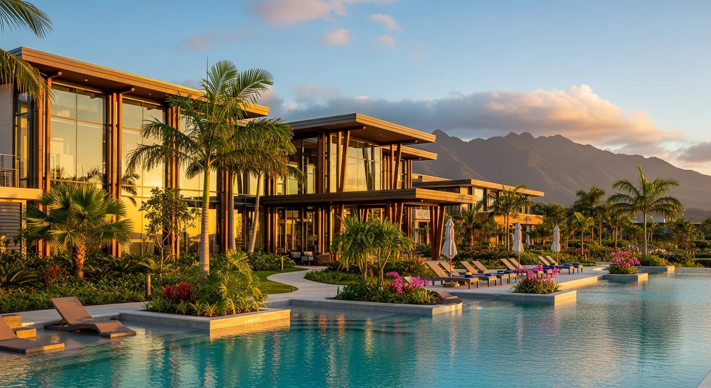 Luxury rehabilitation center exterior with modern architecture, infinity pool, and tropical gardens