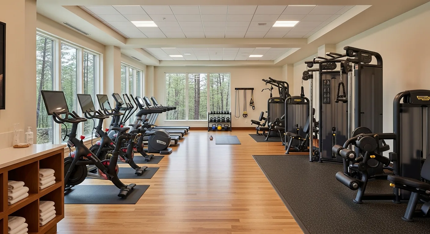 State-of-the-art fitness center in luxury rehab facility with premium equipment and forest views