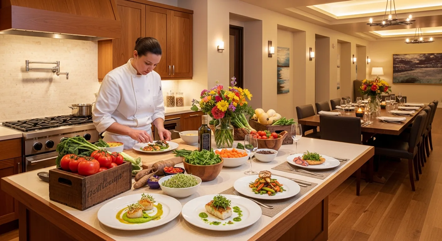 Gourmet farm-to-table dining at luxury rehabilitation center with chef-prepared organic meals