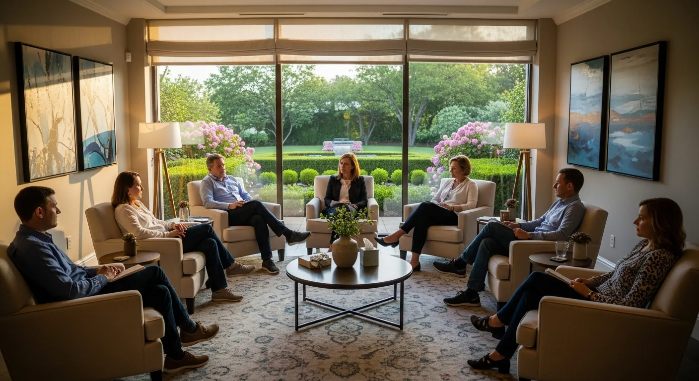 Group therapy session in luxury rehab center lounge with comfortable seating and garden views