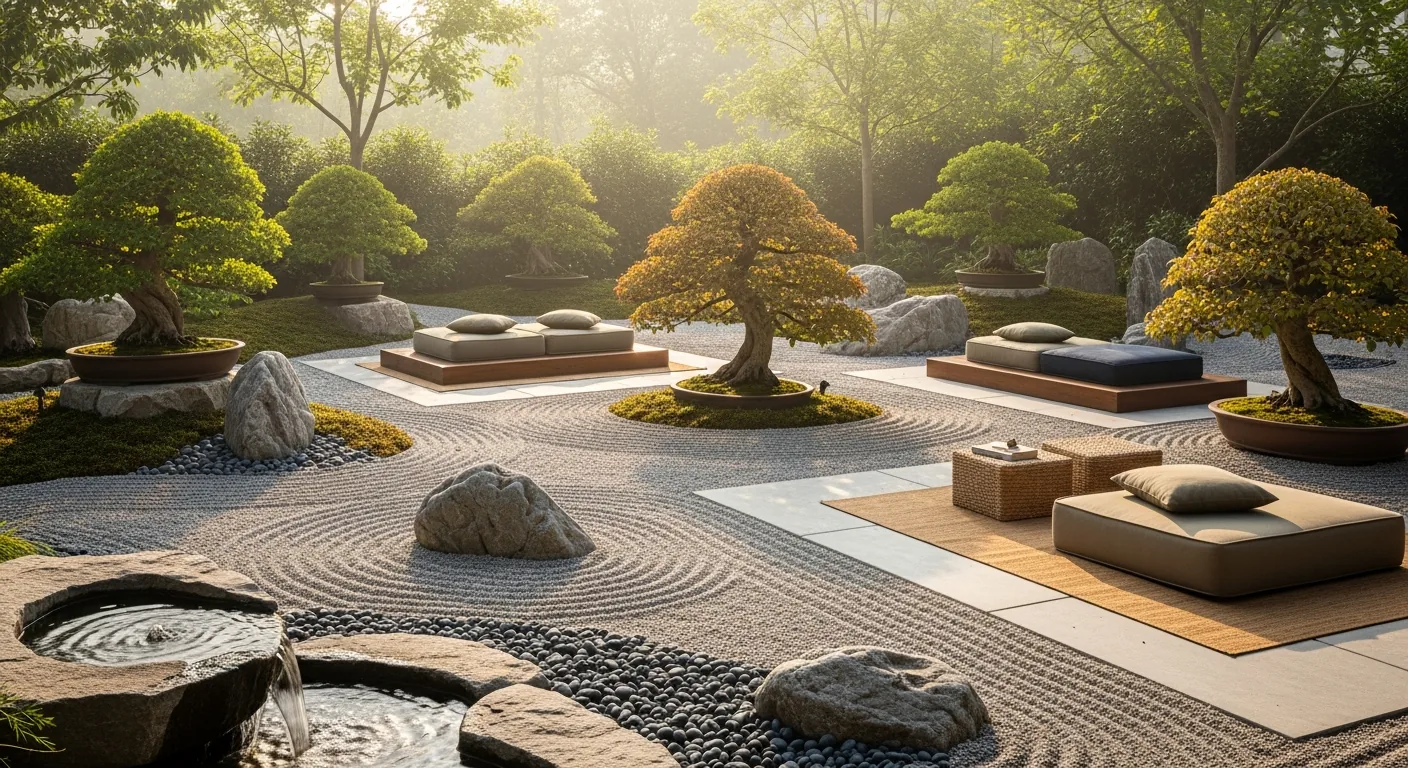 Serene meditation garden at luxury rehab center with zen rock garden and water features