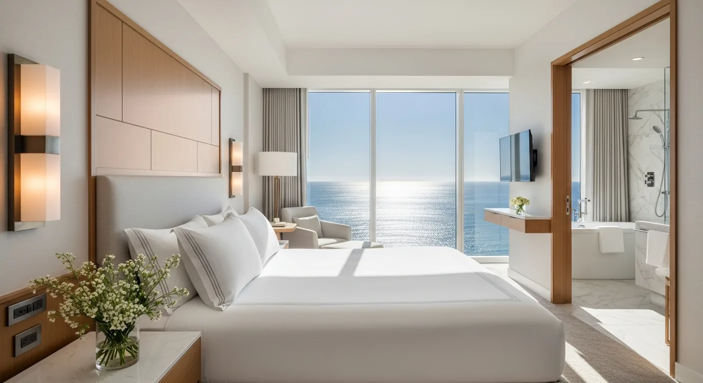 Luxury rehab center private suite with ocean view, king bed, and spa-like amenities