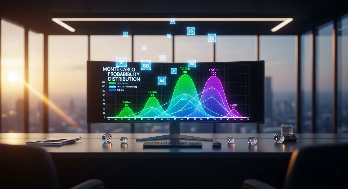 Monte Carlo probability distribution analysis on ultrawide monitor in modern office - AI implementation prioritization framework