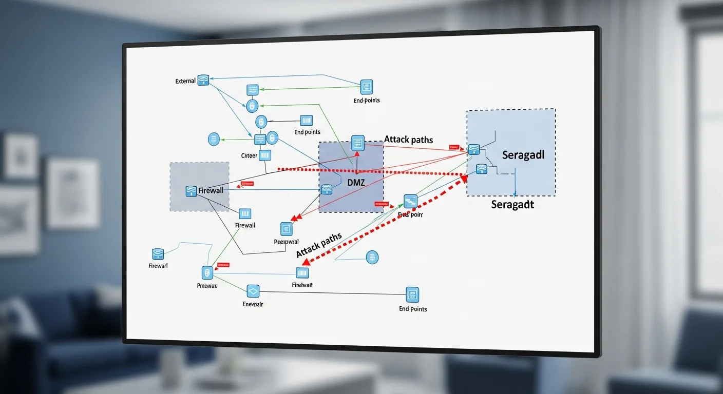 Network topology diagram showing attack paths, firewalls, and DMZ zones on a touchscreen display