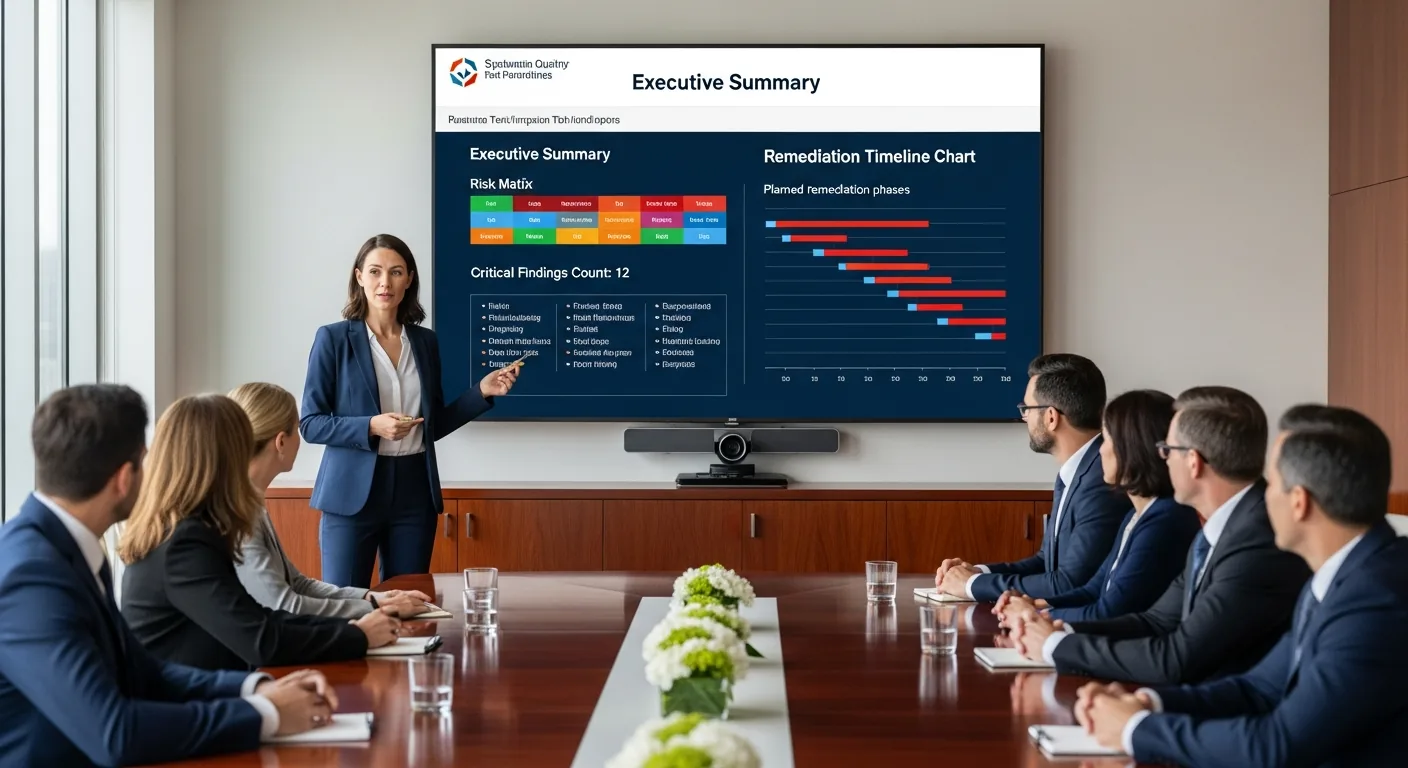 Cybersecurity executive presenting penetration test findings with risk matrix to corporate board room