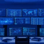 Security Operations Center with multiple monitors displaying network threat detection dashboards