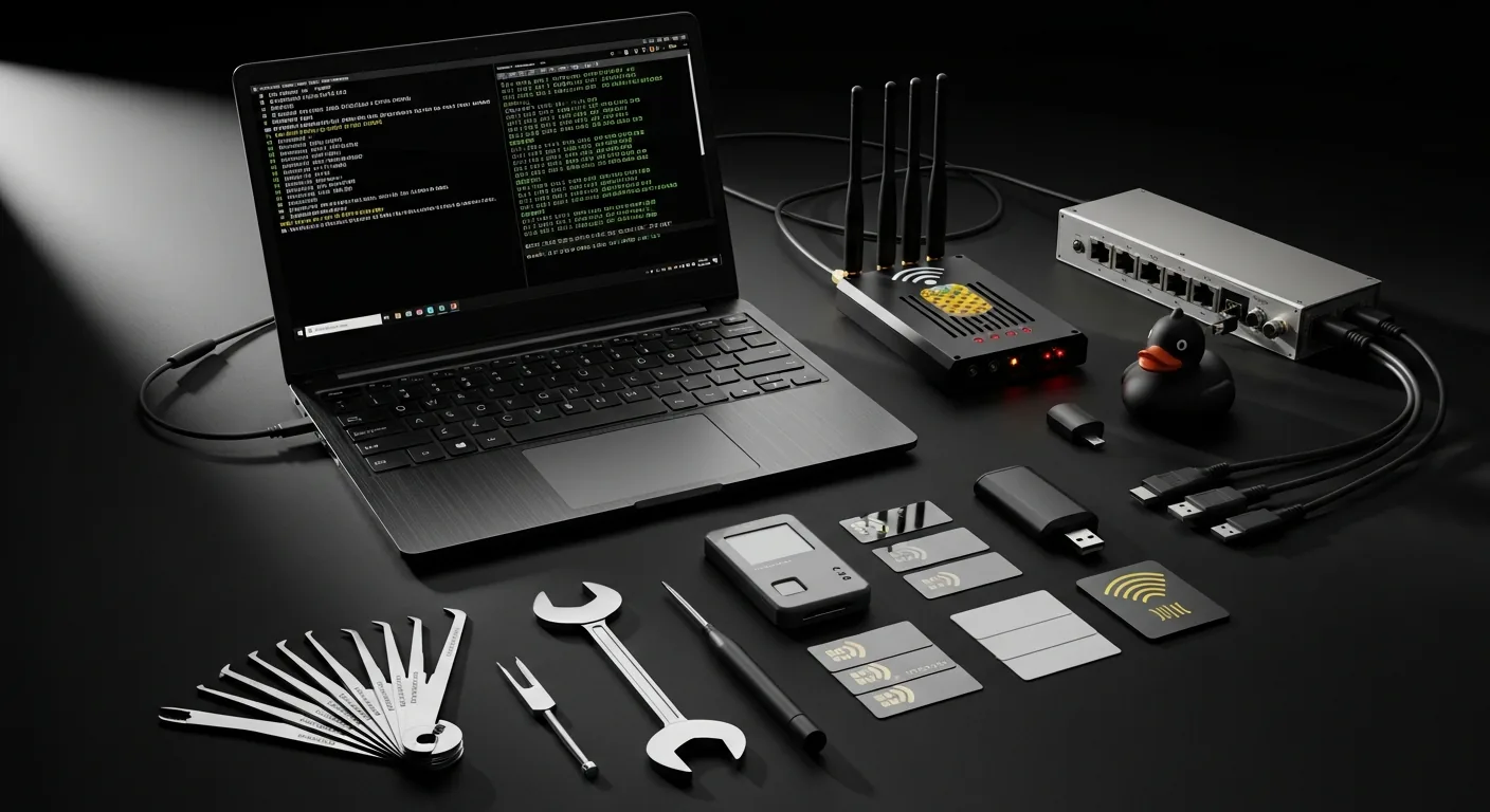 Physical penetration testing toolkit including WiFi Pineapple, USB rubber ducky, lock picks, and RFID tools