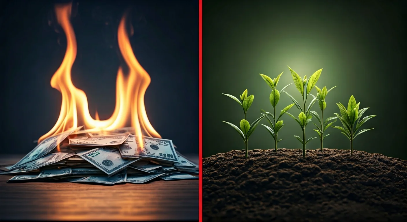 Visual metaphor comparing paid search spending versus organic content growth for restoration companies