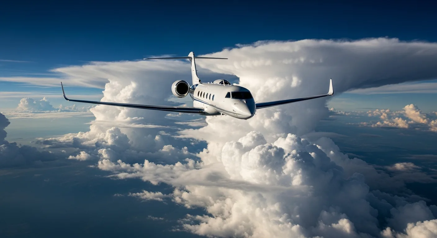 Private jet flying above dramatic cloud formations at high altitude with deep blue sky