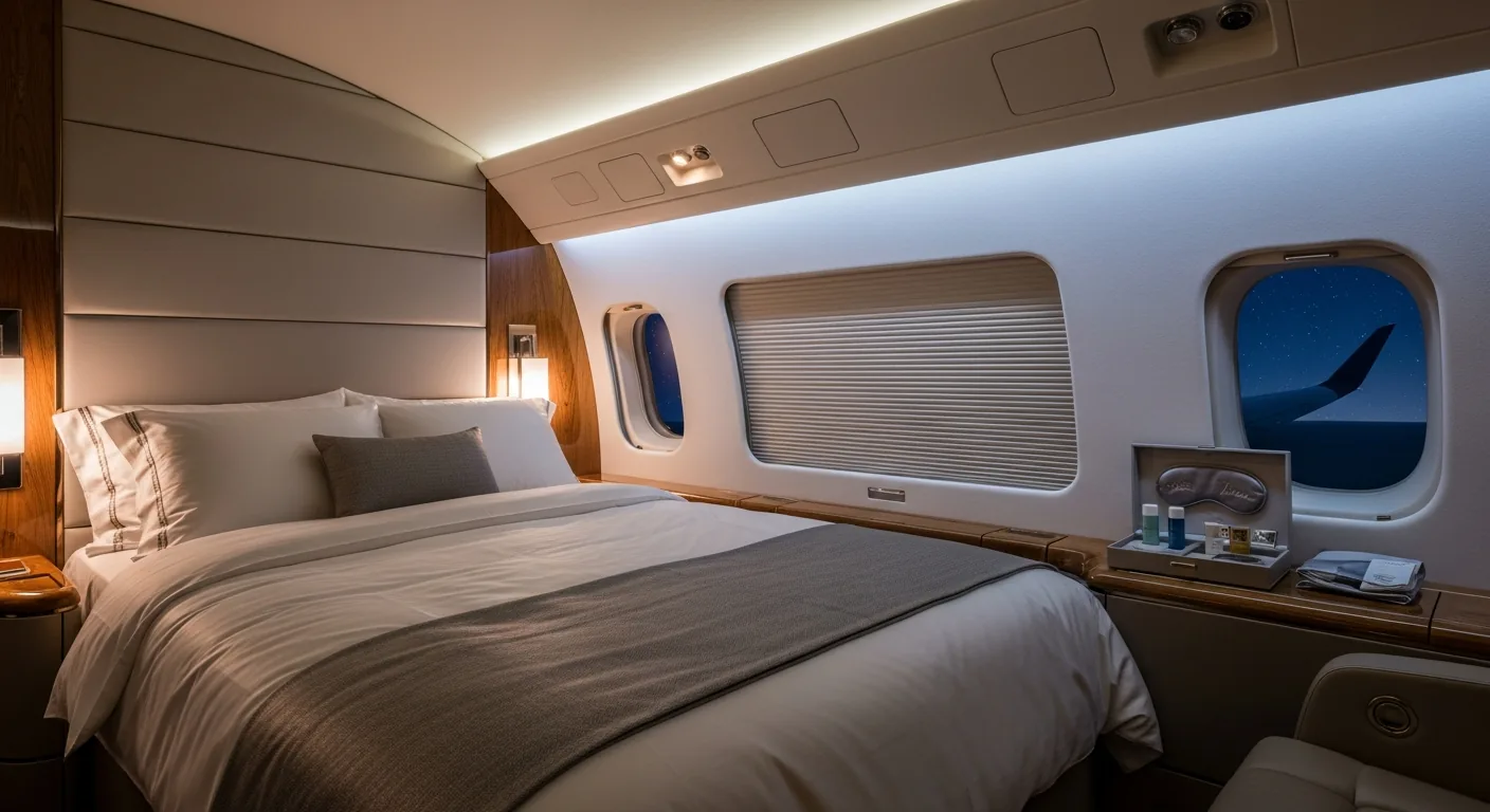 Private jet bedroom suite with full-size bed, silk bedding, and ambient mood lighting