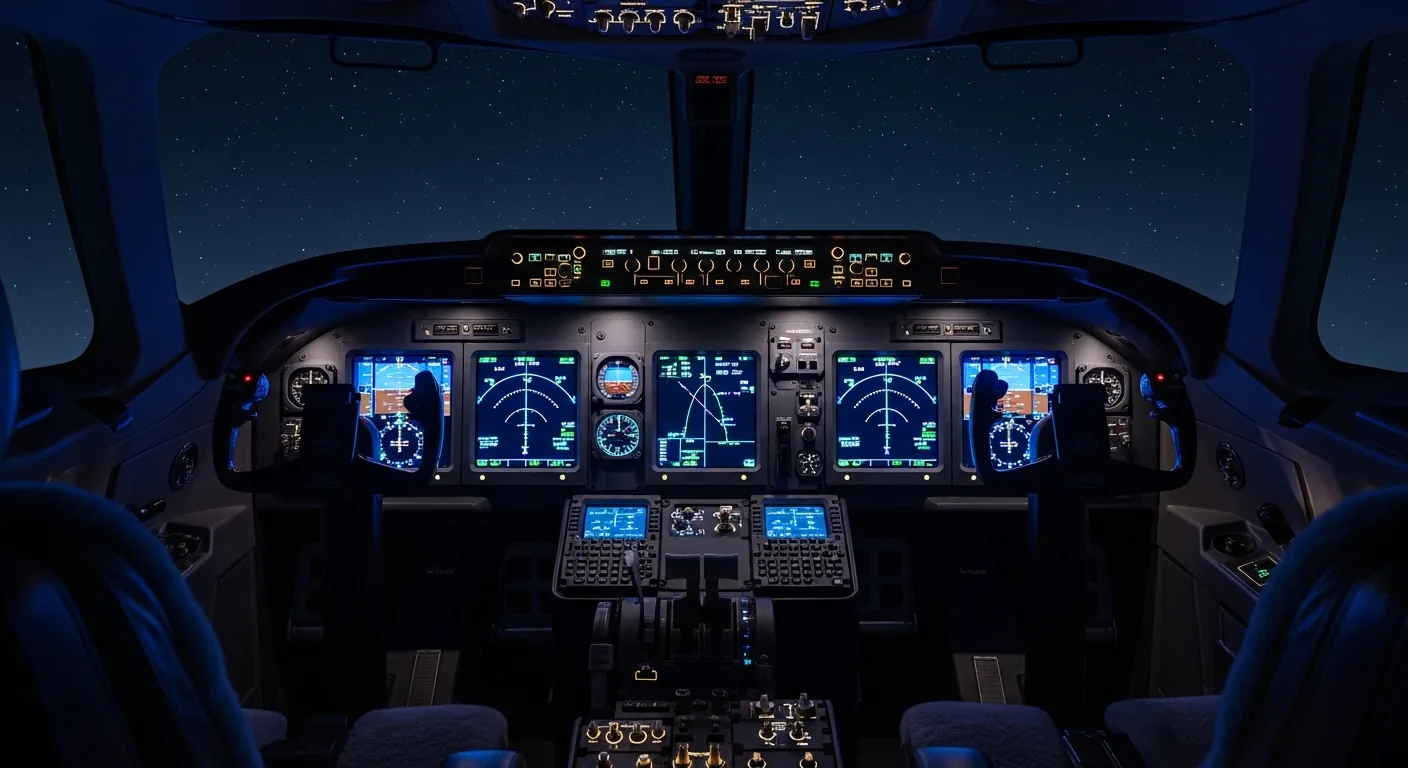 Private jet cockpit at night with illuminated avionics displays and stars through windshield