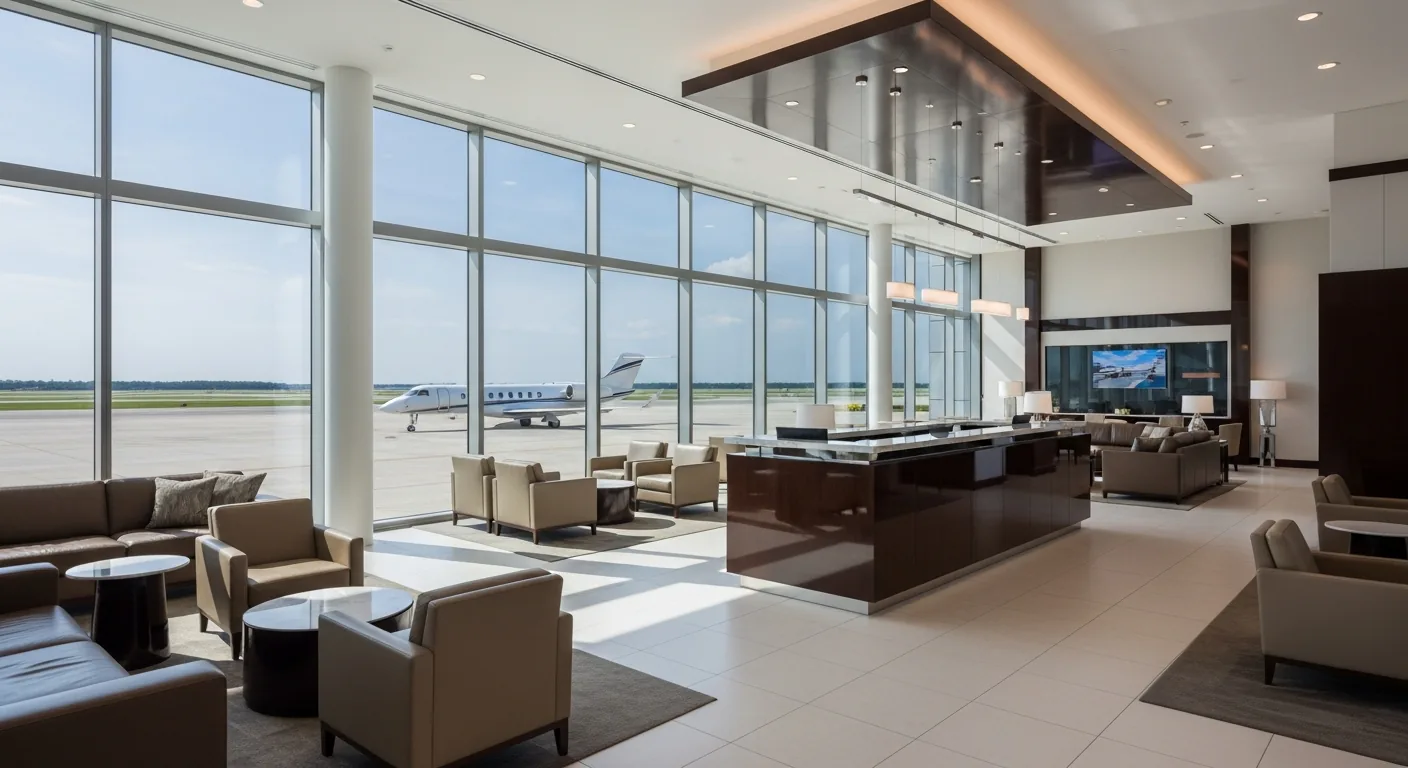 Luxury FBO private terminal lounge with runway views, premium seating, and concierge service