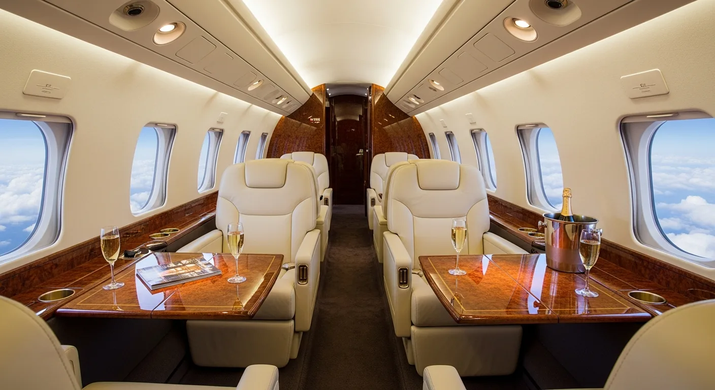 Luxury private jet cabin interior with cream leather seats, wood veneer, and champagne service