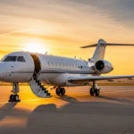 Sleek white private jet on tarmac at sunset with deployed stairs and golden light