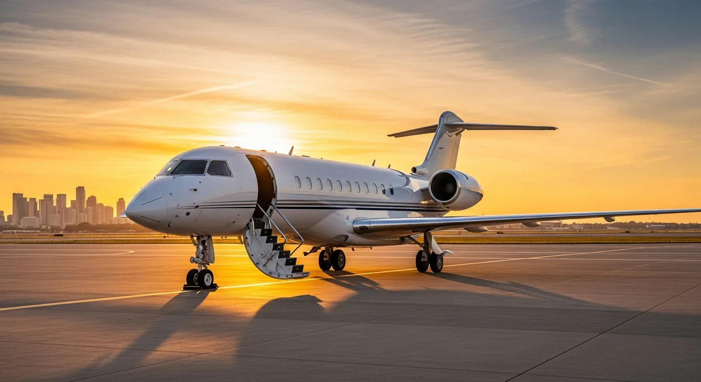 Sleek white private jet on tarmac at sunset with deployed stairs and golden light