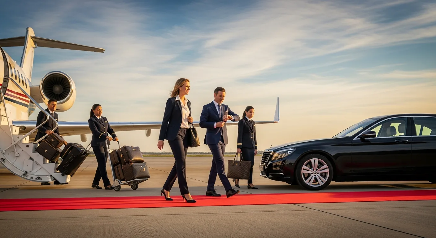 VIP passengers boarding private jet via red carpet with luxury sedan and ground crew on tarmac