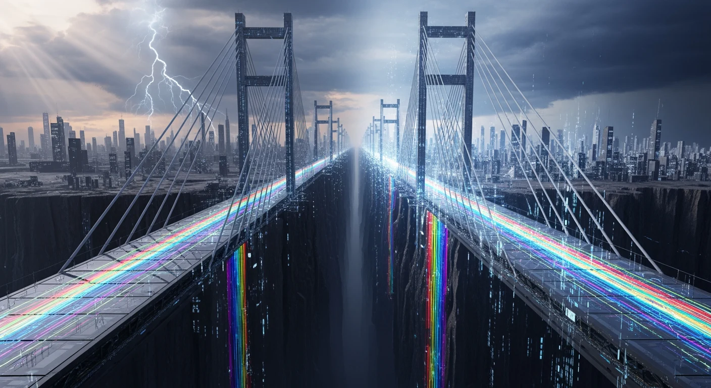 Rainbow Restoration SEO analysis depicting domain migration bridge from old to new digital infrastructure