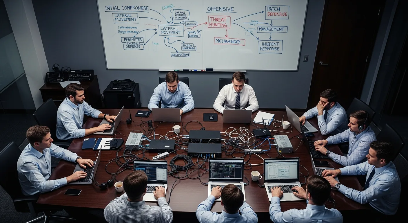 Red team versus blue team cybersecurity exercise in a corporate war room with attack strategy whiteboard
