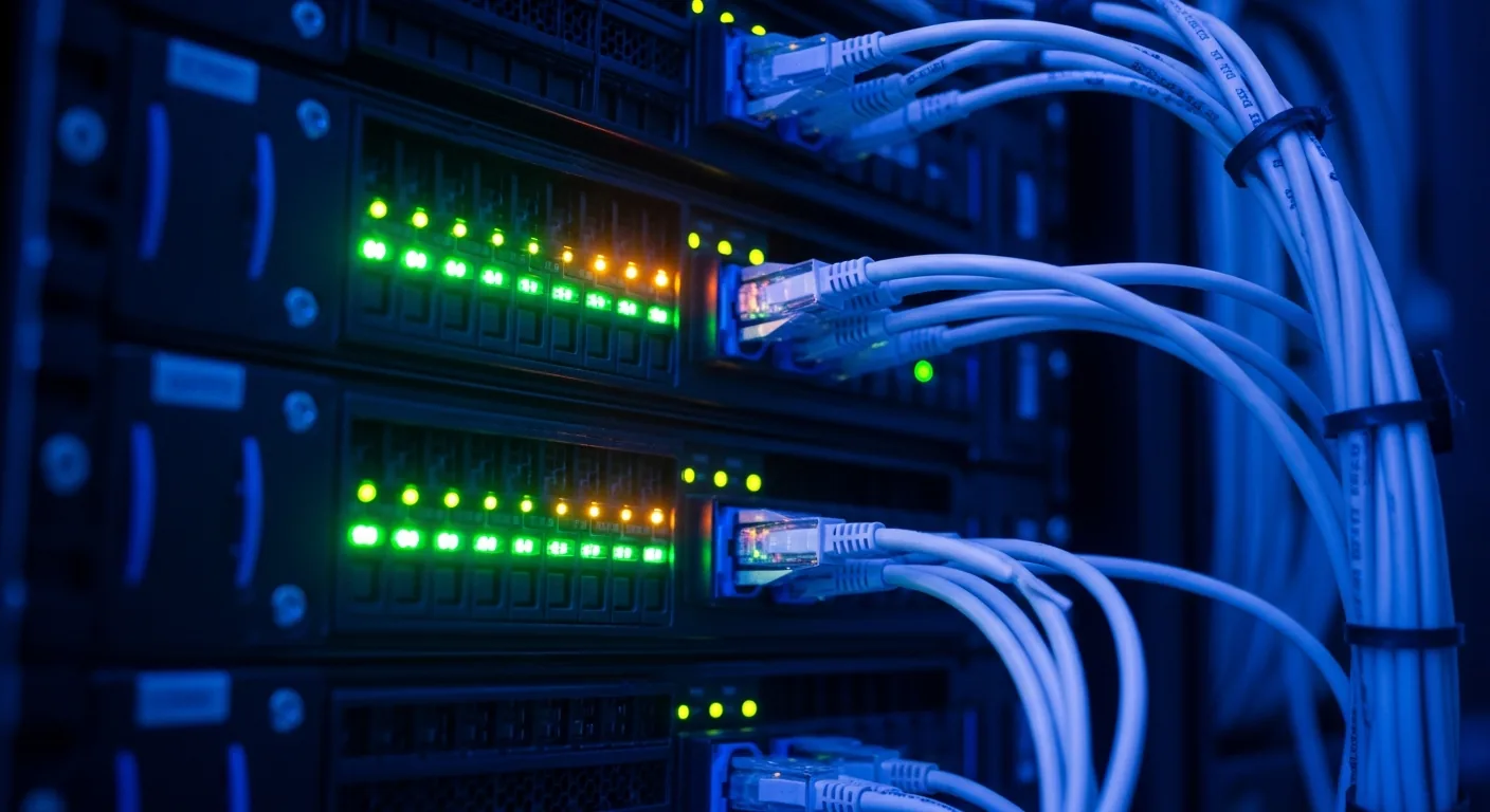 Server rack in data center with blinking LED status lights and organized ethernet cables