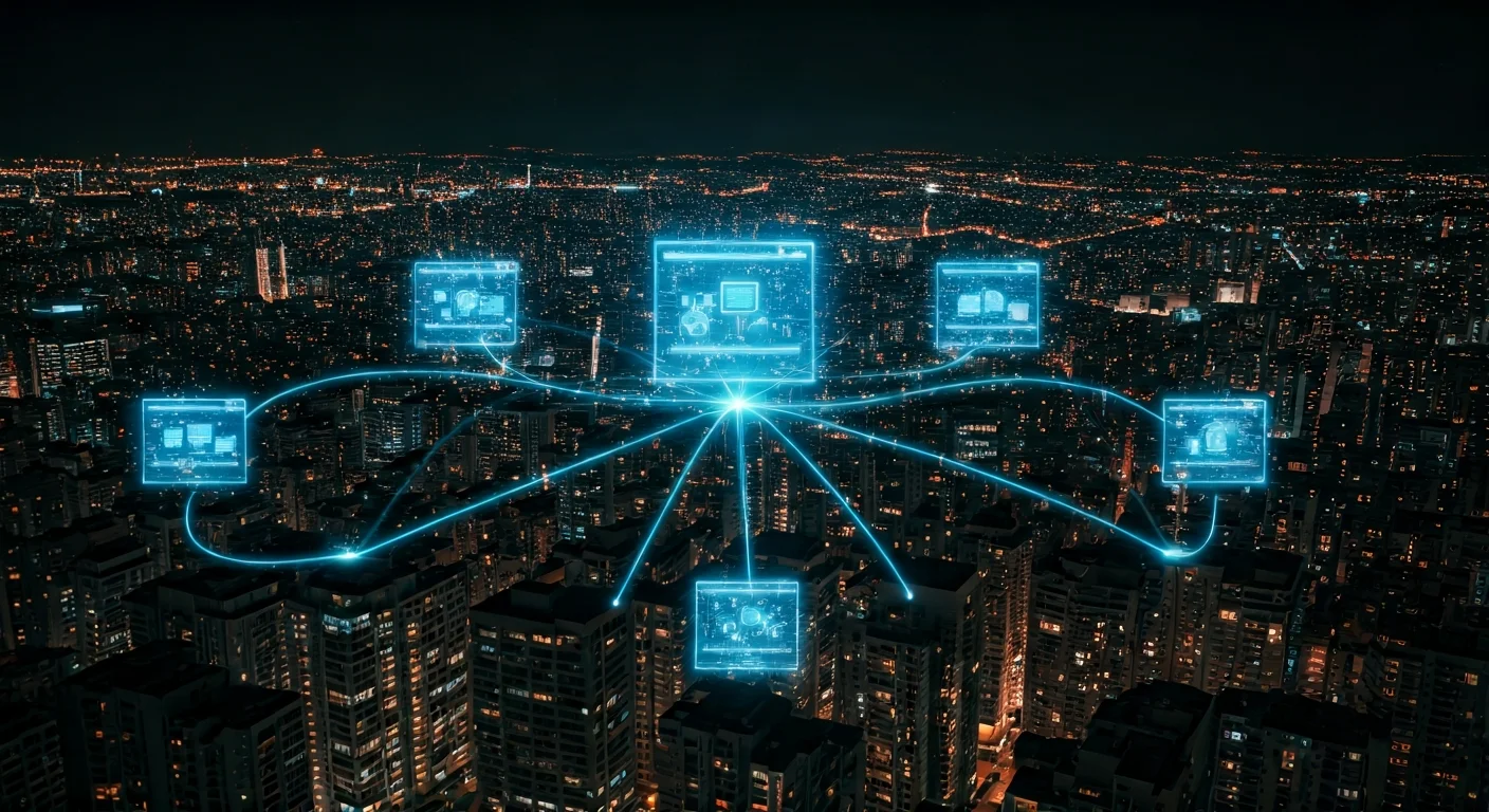 Aerial view of a WordPress site factory showing 23 websites connected by automated AI pipelines on GCP infrastructure
