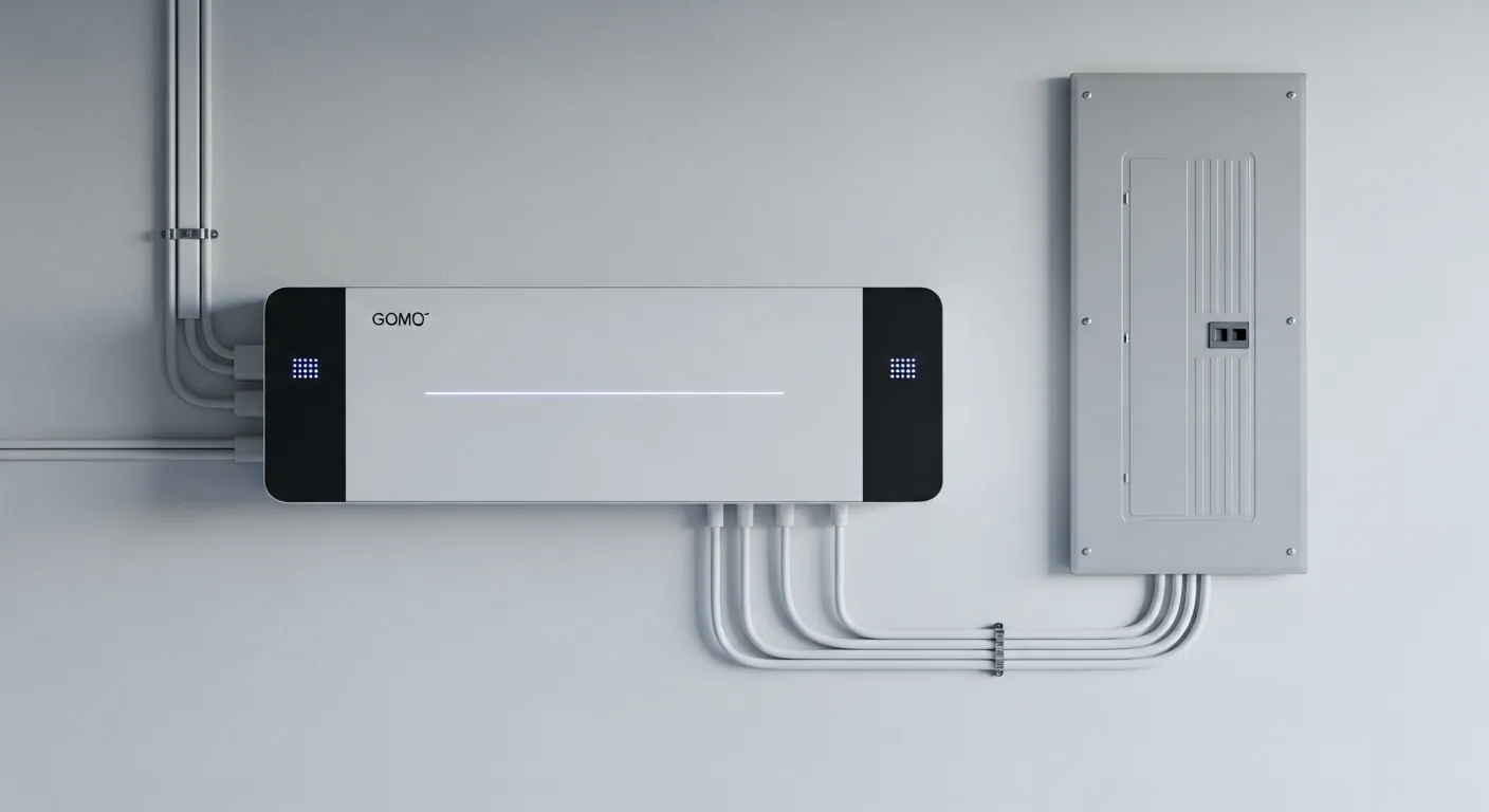 Home battery storage system mounted on garage wall next to electrical panel