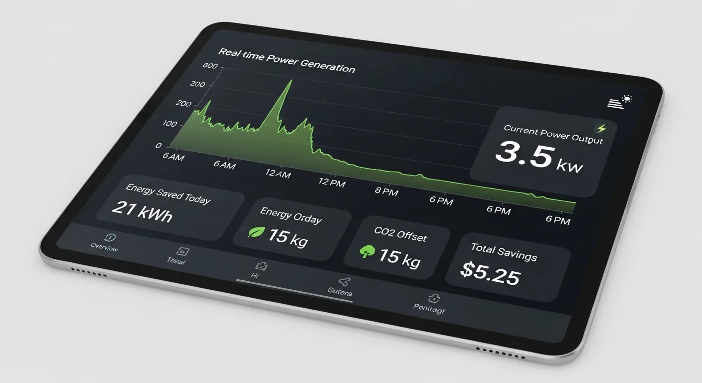 Solar energy monitoring dashboard showing real-time power generation and savings on tablet