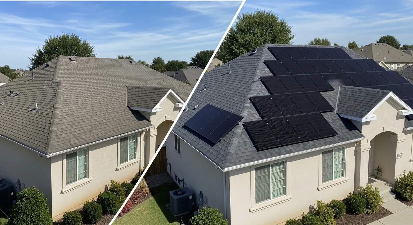 Before and after comparison of home with and without solar panel installation on roof