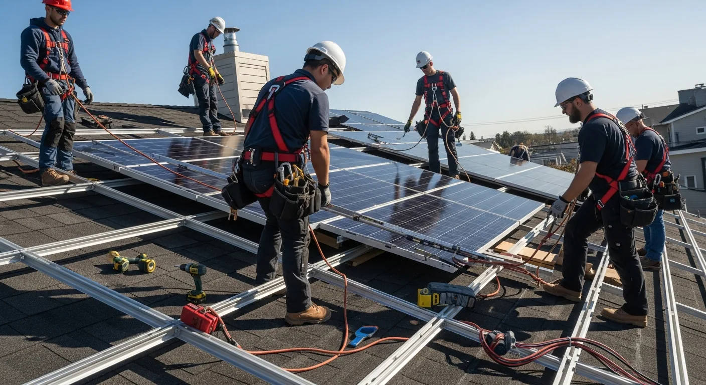 Solar panel installation crew mounting photovoltaic panels on residential roof with safety equipment