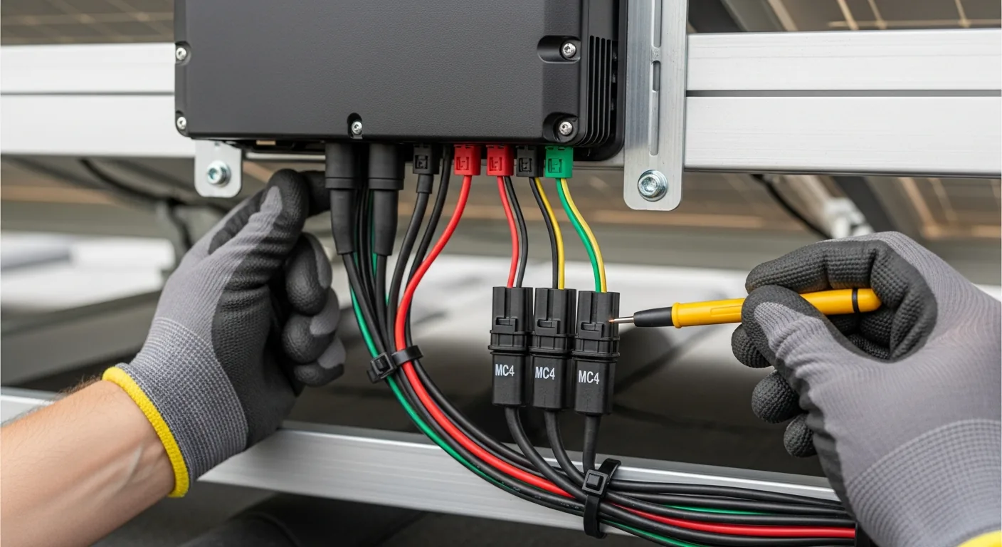 Close-up of solar panel micro-inverter and wiring connections during installation