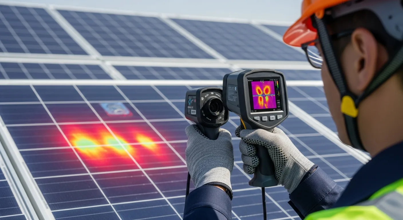 Solar panel technician using thermal imaging camera to inspect for hot spots and defects