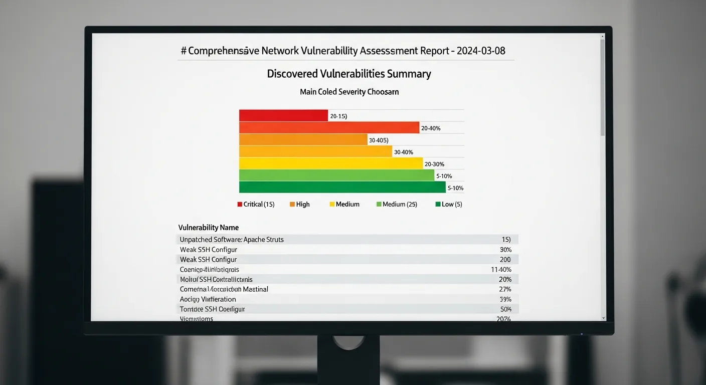 Network vulnerability scan report showing color-coded severity levels and CVSS scores