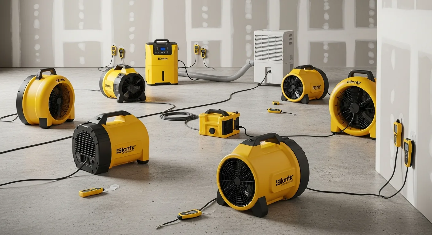 Water damage restoration drying setup with industrial air movers on exposed subfloor