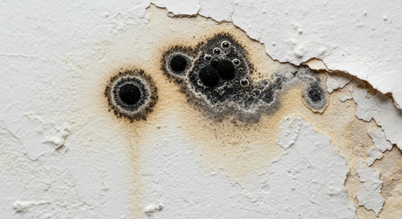Black mold growth on drywall from untreated water damage showing moisture stains