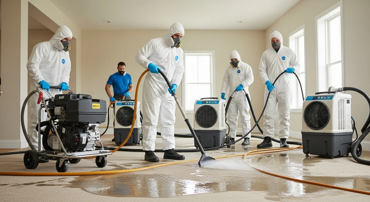 Water damage restoration crew performing water extraction with industrial equipment