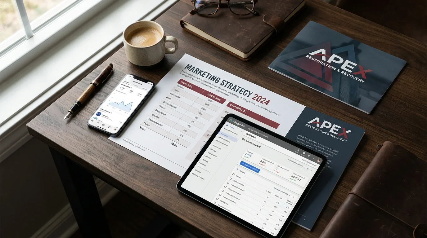 Overhead flat lay of restoration company marketing strategy spread including channel plan, social media analytics, Google Ads dashboard, and branded brochure