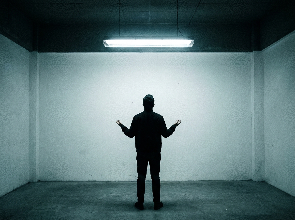 Abandoned exit — man facing blank wall with no way out