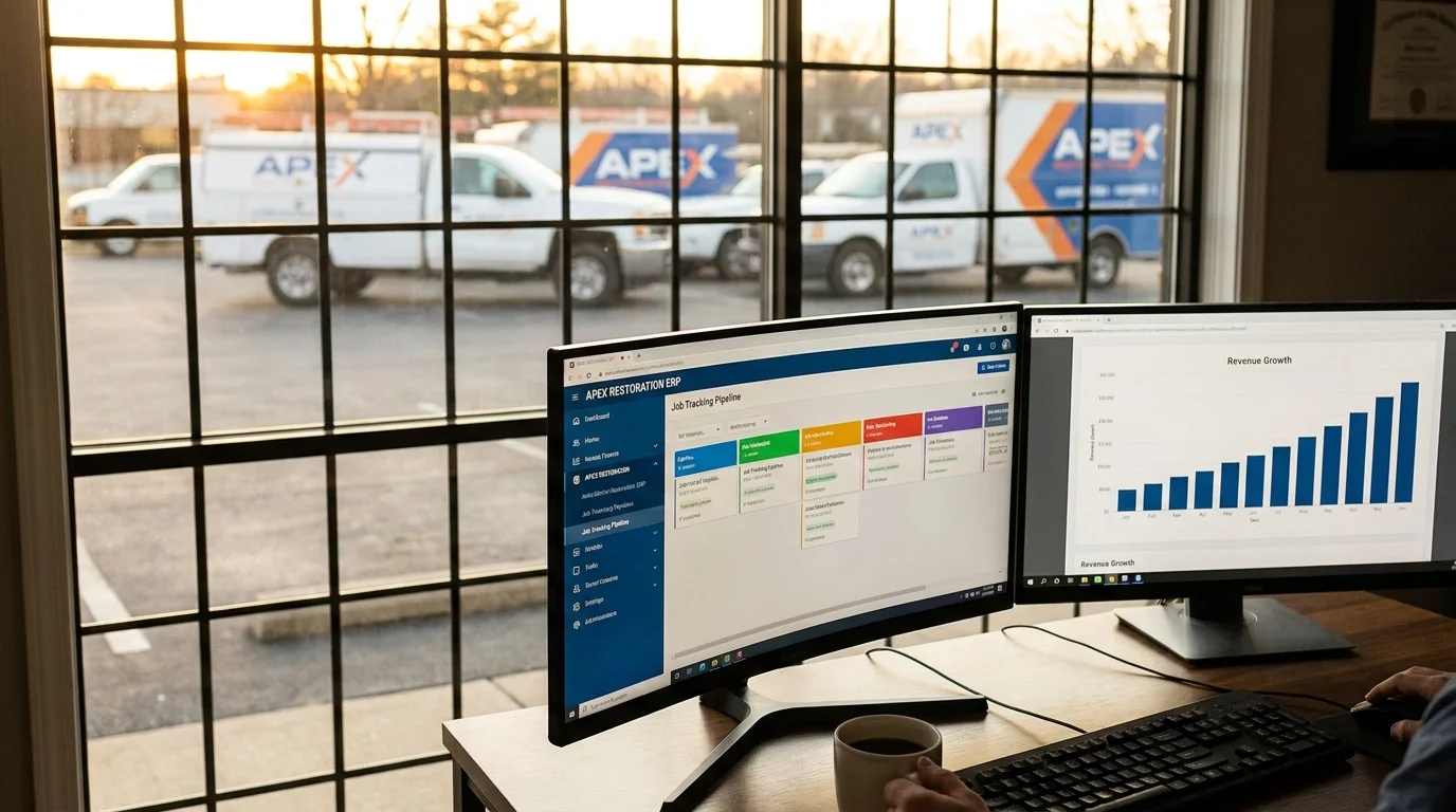 Restoration project manager reviewing Alacrity claim assignments on a multi-monitor workstation