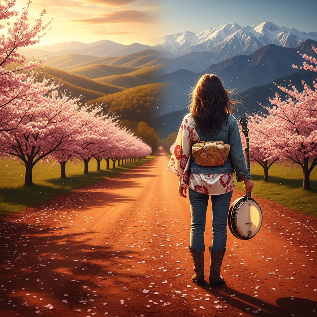 Yuki Hayashi album cover art for Red Dirt Sakura — a young Japanese woman with a banjo on a red dirt road lined with cherry blossoms, two mountain ranges on the horizon