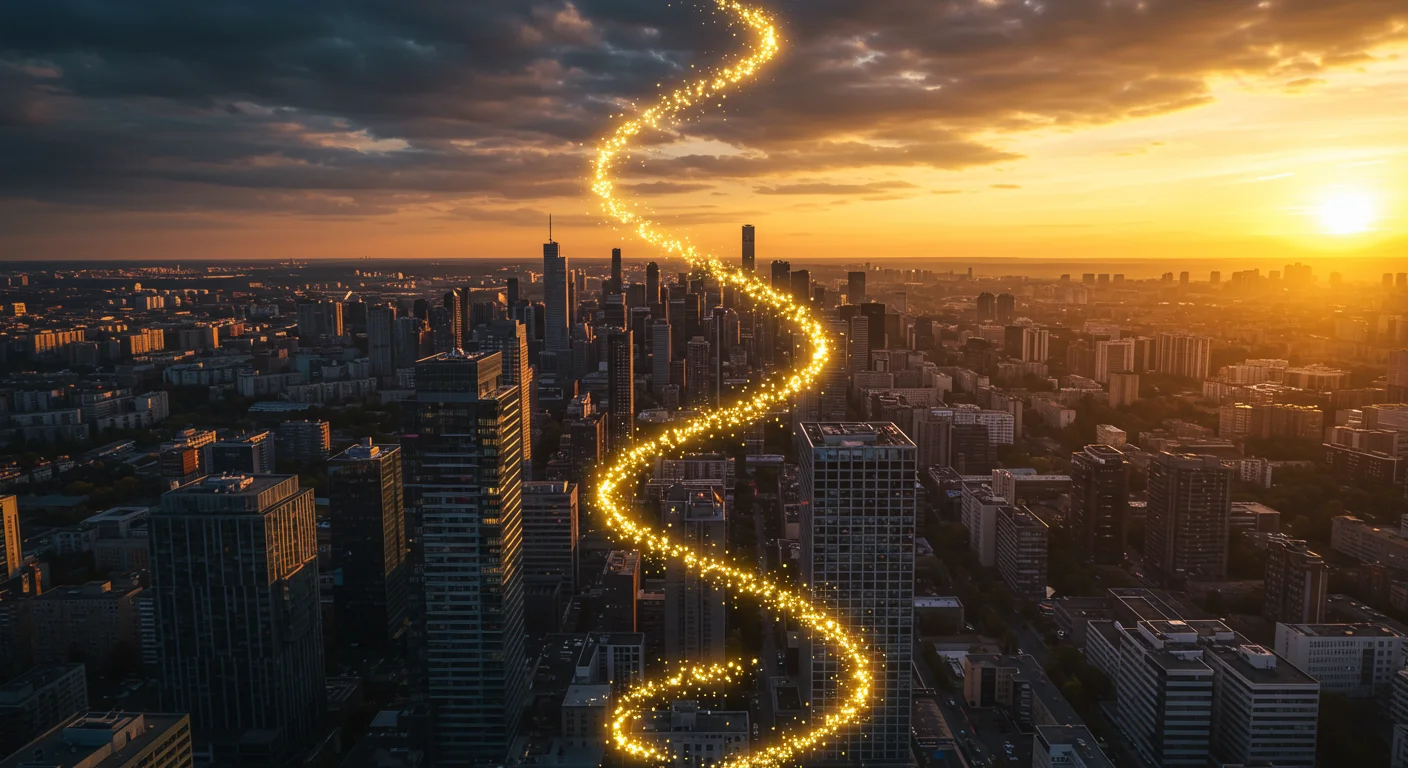 Aerial view of a golden measuring tape ribbon spiraling through a modern cityscape at sunset, transforming into streams of luminous data