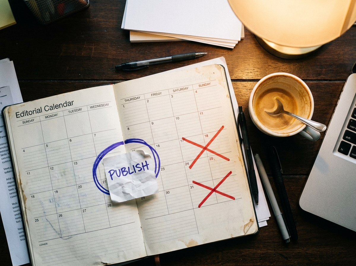 Editorial calendar with Wednesday circled PUBLISH and weekends crossed out