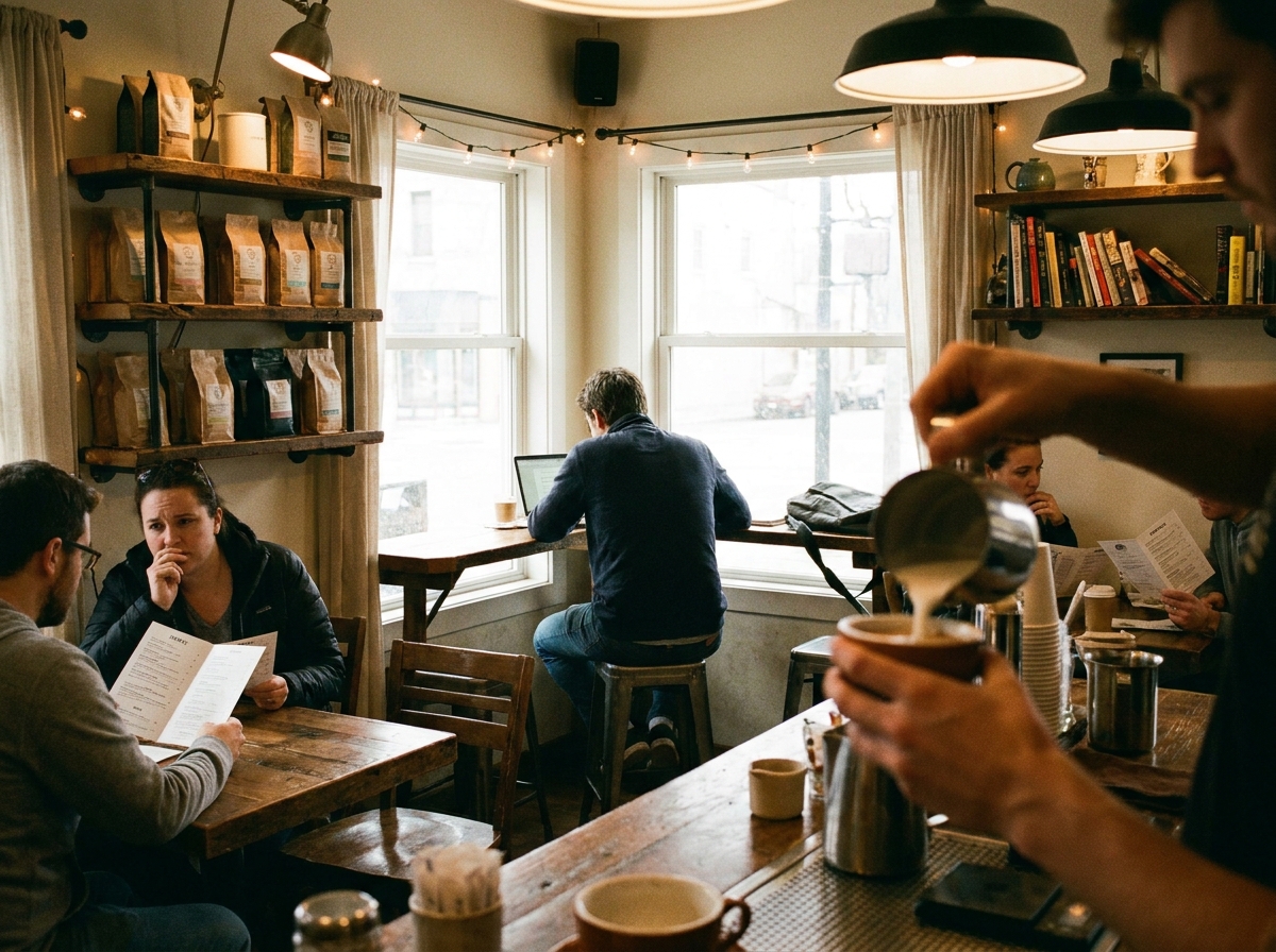Regular at corner table, new customers reading menus, barista pouring